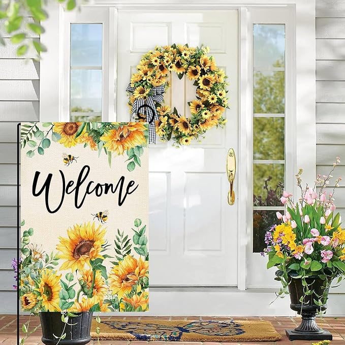 Baccessor Sunflower Garden Flag Spring SummerBee Eucalyptus Leaves Welcome Flag 12.5 x 18 Inch Double Sided Burlap Yard Small Flag for Outside Decor
