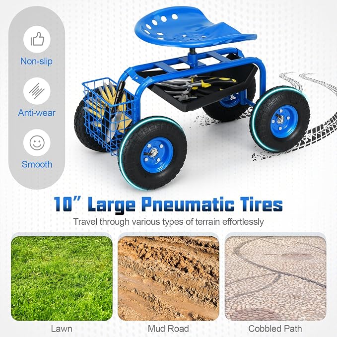 Giantex Rolling Garden Work Seat, 360 Swivel Gardening Workseat with Wheels, Tool Basket, Adjustable Height, Outdoor Scooter for Sitting, Gardening Stool Chair for Planting Trimming, Blue