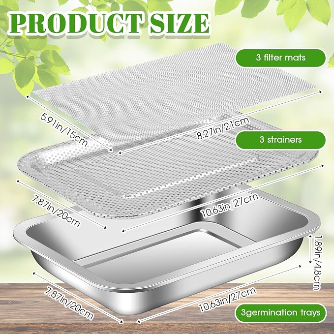9 Pcs Seed Sprouting Kit Seed Sprouter Growing Tray Microgreens Growing Kit Stainless Steel Plant Germination Tray with Filter Pad Mesh Mat Bean Sprout Grower for Beans Broccoli Alfalfa Wheat Grass