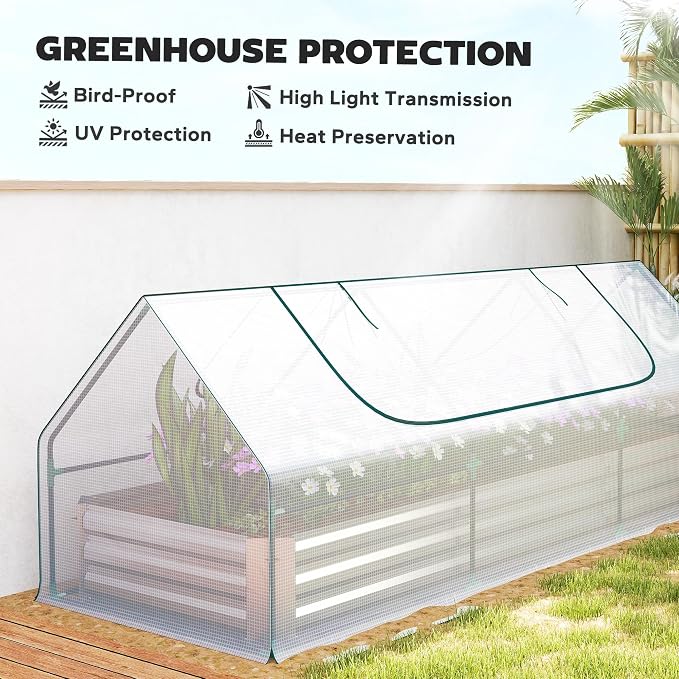 Outsunny 8.6 x 3 x 1ft Metal Planter Box with Mini Greenhouse, Galvanized Raised Garden Bed with Cover for Herbs and Vegetables, Small Greenhouse for Patio Garden Balcony, White and Silver