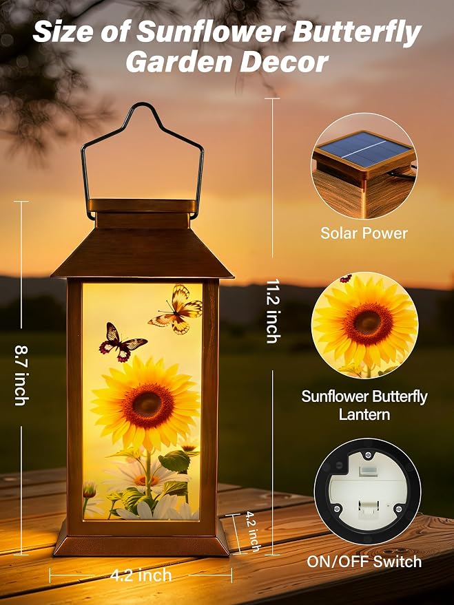 Guhope Birthday Gifts for Women Mom Grandma Men, Solar Lanterns Outdoor Waterproof Hanging Garden Decor with Sunflower Butterfly Pattern Outdoor Solar Lights for Garden Lawn Yard Patio Porch