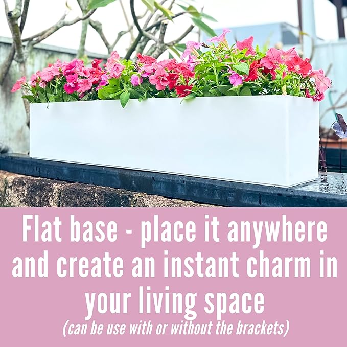 LaLaGreen Hanging Planter Boxes (1 Pack, 40") Large White Rectangular Window Flower Box with Bracket, Self Watering System Railing Planters for Outdoor Plant Container Deck Rail Fence Balcony Garden