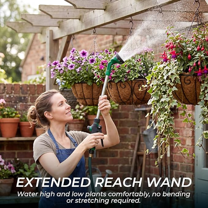 Hushee 2 Pack Garden Hose Watering Wand, 17.7 Inch Metal Watering Wand with 10 Spray Patterns and Shut Off Valve, Hose Sprayer Nozzle for Hanging Baskets Shrubs Plants Garden Lawn(Green)