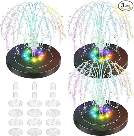 Saillong 3 Pack 5W Solar Bird Bath Fountain Pump with Colorful LED Lights, 6.3'' Battery and Solar Powered Water Fountains with 6 Nozzles, Floating Fountain Pump for Bird Bath Garden, Pond