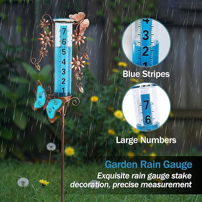 Rain Gauge Outdoor, 7" Freeze Proof Rain Gauges Outdoors Best Rated, Accurate & Easy to Read, Decorative Rain Measure Gauge for Yard Garden Patio(Butterfly & Flower)