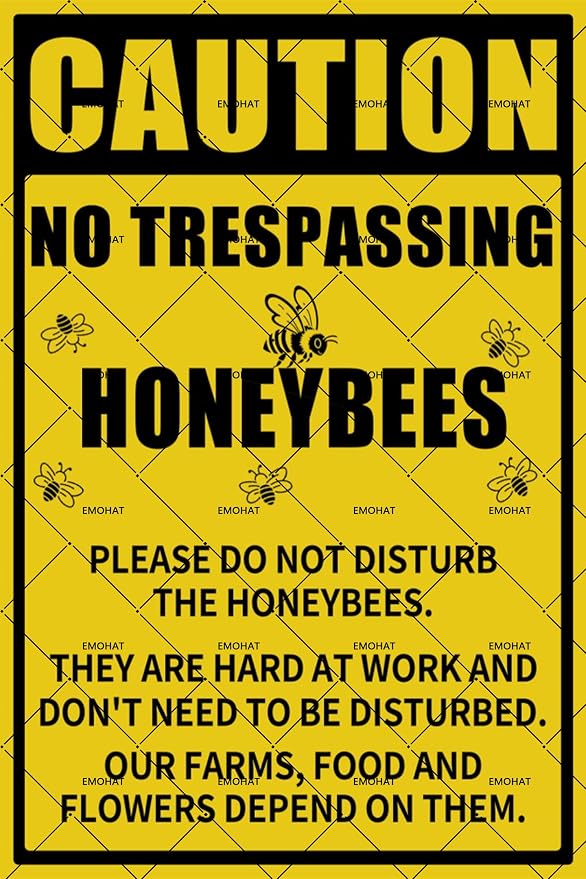 EMOHAT Caution No Trespassing Honeybees Metal Tin Sign, Honeybees at Work Warning Sign for Garden Farm Orchard, 8x12 Inch Rustic Novelty Decor for Garage Home Outdoor