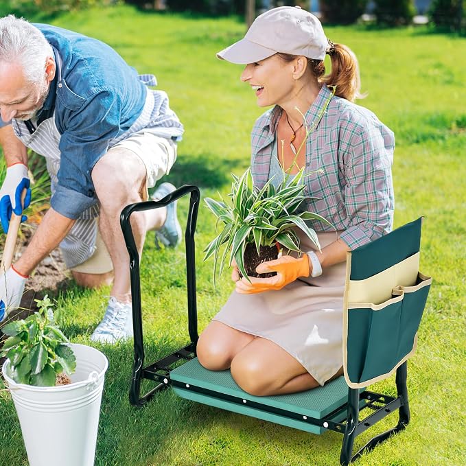 IRONMAX Garden Kneeler and Seat, Heavy Duty Foldable Gardening Bench Stool w/Soft Foam Pad & Tool Storage Bag for Kneeling & Sitting, Gardening Gifts for Women Men