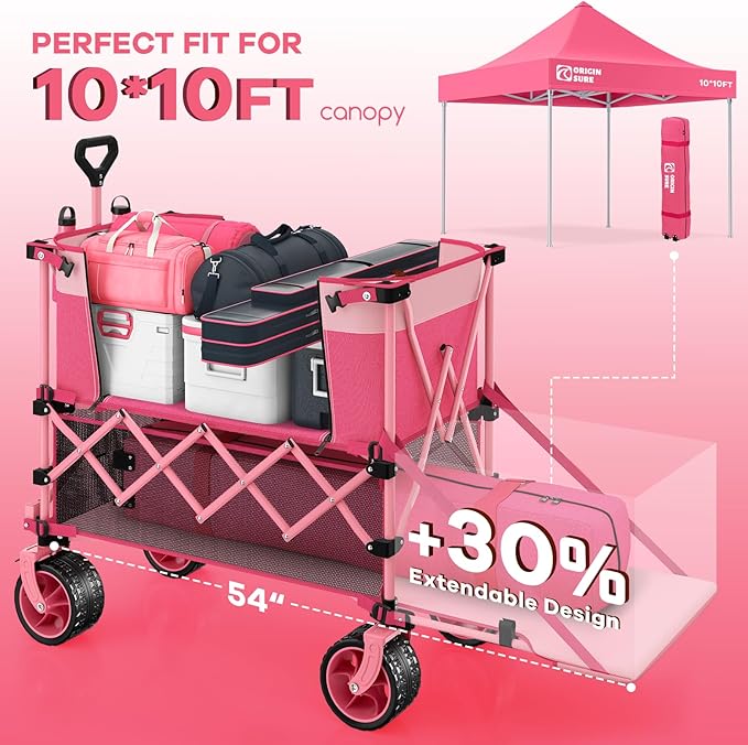 400L Double Decker Wagon Collapsible with 54" L Tailgate, 560lbs Heavy Duty Wagons Carts Foldable, Extra Large Folding Beach Wagon with Big All-Terrain Wheels for Camping, Sports, Groceries, Pink
