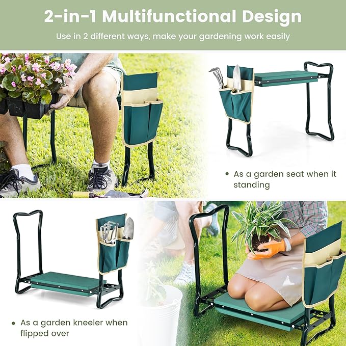IRONMAX Garden Kneeler and Seat, Heavy Duty Foldable Gardening Bench Stool w/Soft Foam Pad & Tool Storage Bag for Kneeling & Sitting, Gardening Gifts for Women Men