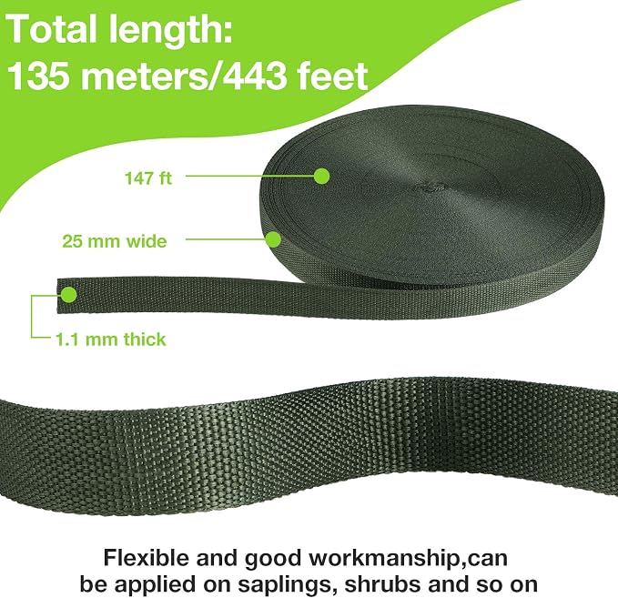 Shappy Tree Tie Strap Garden Webbing Strap Garden Plant Supports Tree Tie Staking and Guying for Outdoor Use, Plant Supports, Grafting, Straightening Supplies(Dark Green,443 Feet x 1 Inch)