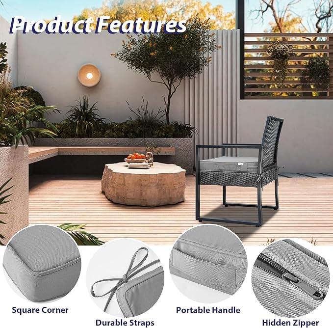 IPYNBAP Outdoor Chair Cushions Set of 4 -Waterproof Outdoor Seat Cushions for Patio Furniture, Patio Chair Cushion with Handle and Ties, Square Out Door Chair Pads,17" x 16" x 2", Grey