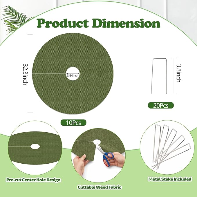 YBB 10 Pcs Upgraded Tree Mulch Rings, 32.3 Inch Tree Weed Barrier Fabric Non-Woven Degradable Weed Mat Blocker for Landscaping Weed Control Root Protection with 20 Nails