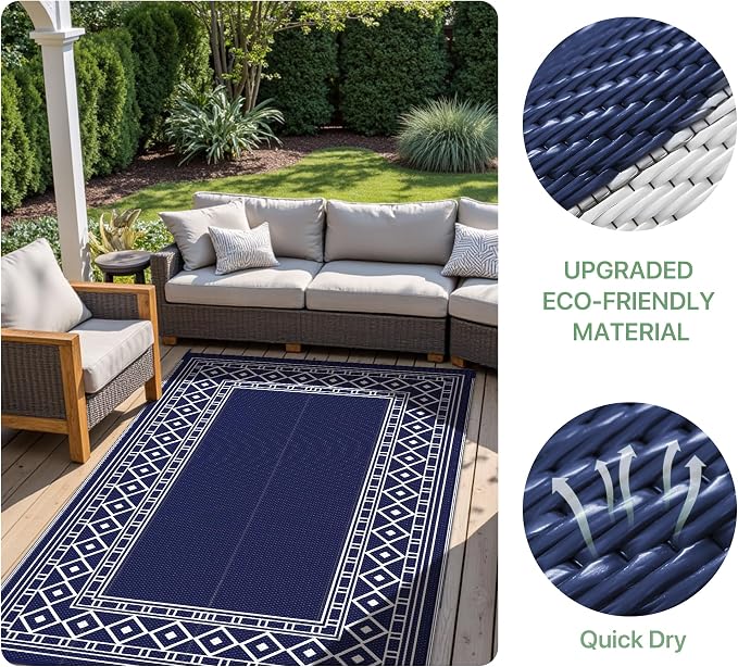 GENIMO Outdoor Rug Waterproof for Patio Decor, 9'x12' Foldable Reversible Plastic Straw Carpet for Travel Trailers, Outside Area Mat for Rv, Deck, Picnic, Porch, Camper, Balcony, Beach, Blue & White