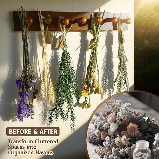 Tnstbiee Rustic Hanging Herb Drying Rack–Space-Saving Design Holds 7 Bouquets,Fits Window,Door Kitchen Areas-Great for Kitchen Witches Herb Display-Unique Gift for Gardening Enthusiasts-Wall Art Décor