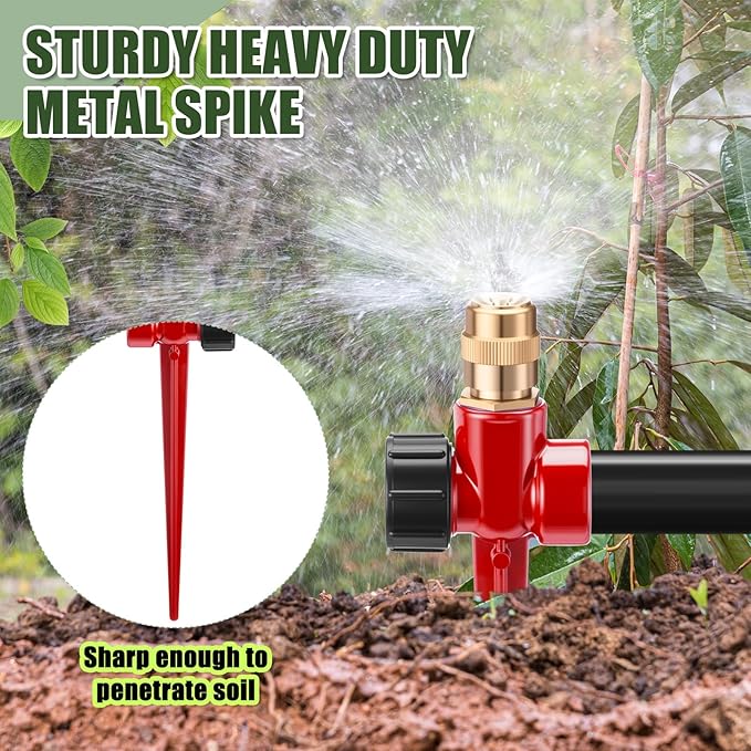 Tioncy 4 Pack Metal Lawn Sprinkler Automatic Garden Water Sprinkler on Spike Base 360 Degree Rotation with Adjustable Brass Nozzle for Lawn Garden Yard (Red)