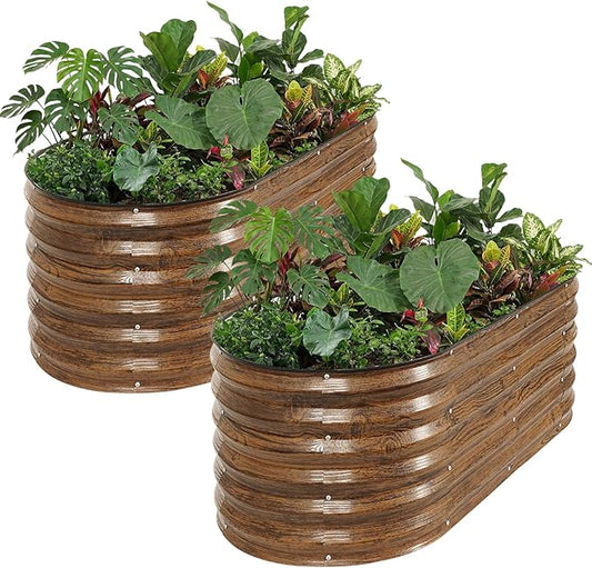 Galvanized Raised Garden Bed Outdoor- 2PCS 4x2x1.4ft Oval Steel Raised Beds for Gardening, Metal Planter Box with Protective Strip and Gloves for Vegetables, Flowers, Fruits(Brown)