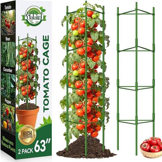 Halatool 2 Pack Tomato Cages for Garden, Up to 63 inch(5.2FT) Adjustable Tall Tomato Cage,Garden Stakes Tomato Trellis for Pots,Tomato Plant Support for Raised Garden Bed &Vegetables Flowers(Green)