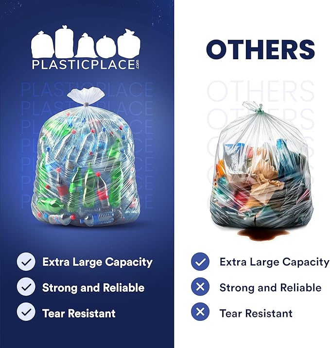 Plasticplace 56 Gallon Trash Bags - Clear High Density Garbage Bags - Heavy Duty, Scent-Free, Large Trash Can Liners for Kitchen, Commercial, & Garden Use 16 Microns, Leak-Proof, 43" x 48" (150 Count)
