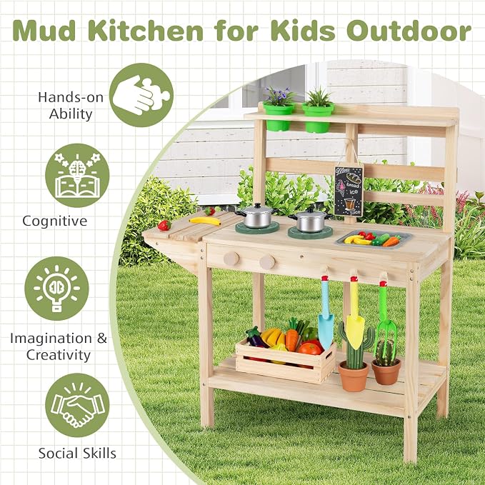 Costzon Mud Kitchen, Solid Wood Potting Bench w/2 Flowerpots, Blackboard, Sink, 2 Stoves, Outdoor Pretend Play Set for Toddlers 3+ Years, Mud Kitchen for Kids Outdoor, Gift for Girls & Boys