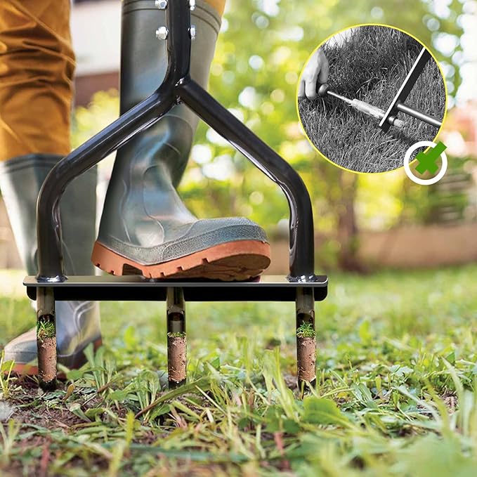 Jardineer Core Aerator Lawn Tool - 5" Deep Manual Soil Plug Aerator, Upgraded Triangular Handle Lawn Aeration Tool with Non-Clogging Hollow Tines for Greener Grass & Garden Care