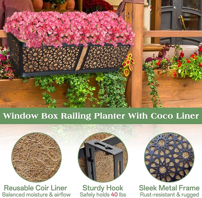 ZeeDix 3 Pack Metal Window Box for Railings, 24 Inch Over Railing Planter Boxes with Coco Liners, Hanging Flower Box Planters for Outdoor Fence Deck Porch Balcony & Patio