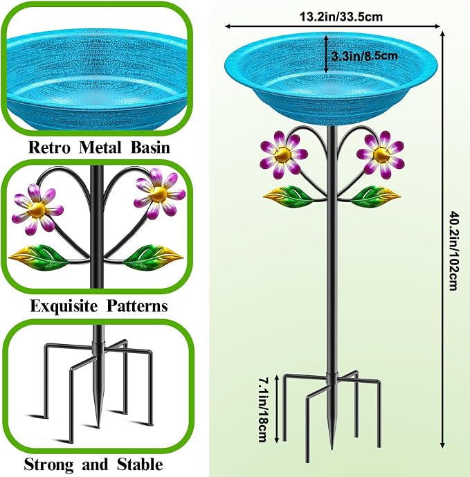 Metal Bird Bath for Outside Garden Birdbath Bowl, Freestanding Bird Feeders for Outdoors with 5 Prongs Base Stake, Standing Birdfeeders Bath Bowl for Yard Decor(Retro Blue)