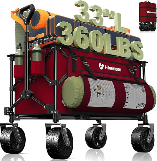 Hikemoon 150L Collapsible Wagons Carts Foldable, 360LBS Heavy Duty Folding Beach Cart with Big All-Terrain Wheels, Portable Utility Wagon for Grocery, Shopping, Garden, Sports, Red