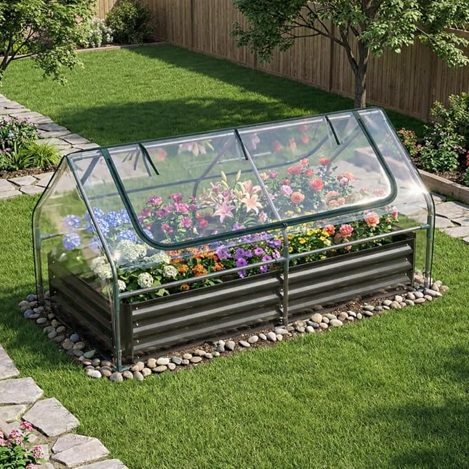 Giantex 3-in-1 Metal Raised Garden Bed with Greenhouse Cover, 6x3x3 FT Metal Elevated Outdoor Planter Box with Roll-Up Windows, Open Base Grow Box for Vegetables, Flowers and Herbs, Black