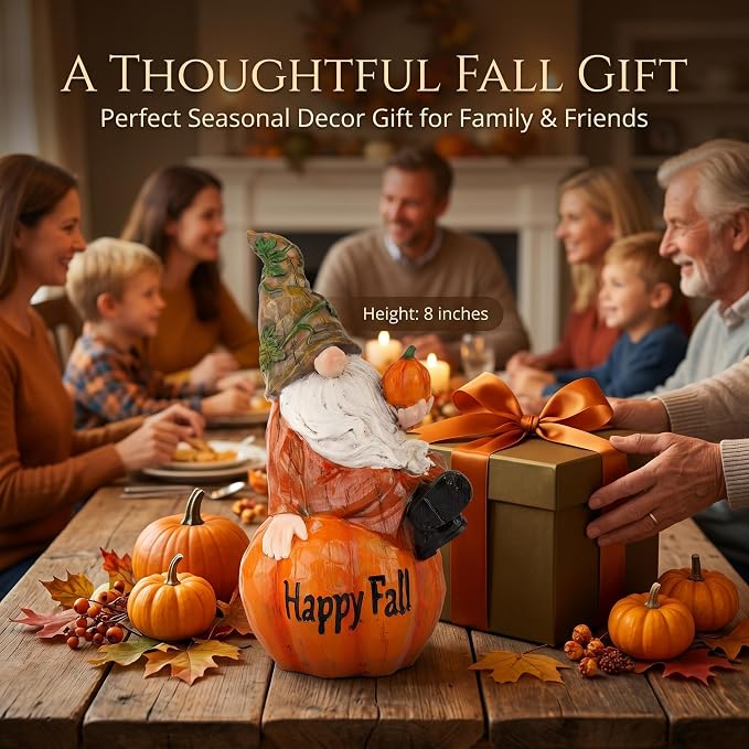 Topadorn Fall Garden Gnome Figurine Sitting on Pumpkin Statue Autumn Harvest Garden Gnomes Statue Figurine for Patio Yard Lawn Porch Decoration, Happy Fall
