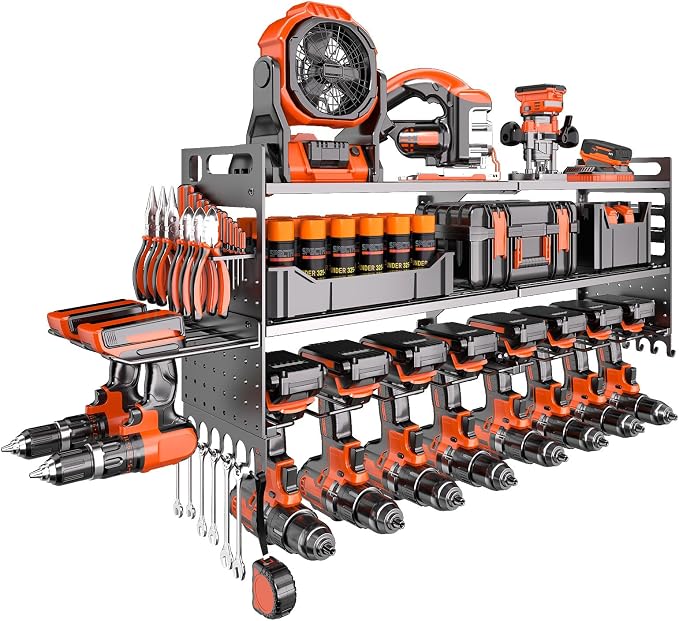 33" W Power Tool Organizer Wall Mount,Heavy Duty Cordless Tool Organizer with 10 Drill Holder, 300 Lbs Capacity 3-Layer Garage Organization for Garage and Workshop (Black)