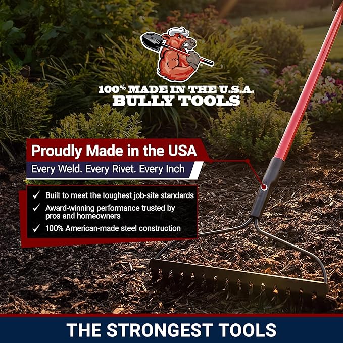 Bully Tools Bow Rake 16" Tines | Heavy Duty Steel Garden Rake for Leaves Lawn Debris Mulch Soil and Gravel | 58" Fiberglass Handle Leaf Rake, 100% Made in USA