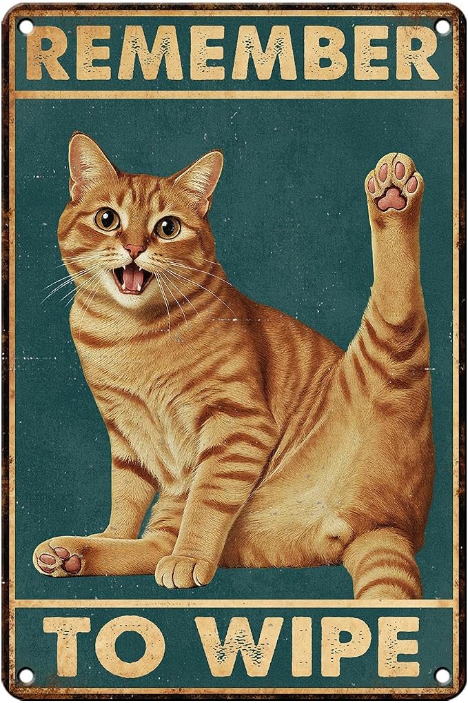 Funny Cat Bathroom Sign Remember To Wipe Tin Signs Orange Tabby Metal Decor Wall Decor For Home Bathroom Toilet Indoor Washroom Restroom Cat Lovers Gifts 12 * 8 In