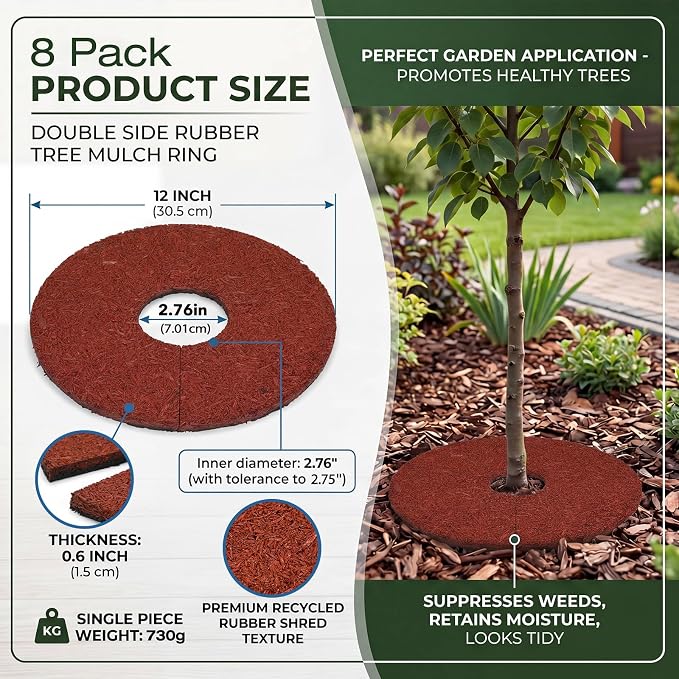 Peryiter Double Side Rubber Mulch Tree Ring, Heavy Duty Rubber Mulch Mat, Tree Root Protector Mat Reversible Round Root Ring Weed Barrier for Prevent Animal Dig (8 Pcs,Red)