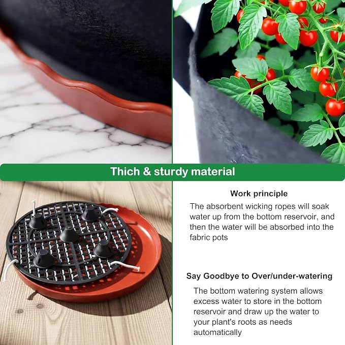 ORIMERC 4 Pack Grow Bags 5 Gallon for Growing Strawberry Tomato Self Watering Planter Fabric Plant Grow Bag Come with Plastic Plant Saucer 300G Thickened Garden Pots to Grow Vegetables, Fruit, Flower