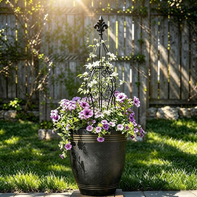 2-Pack Garden Obelisk Trellis for Climbing Roses & Flowering Vines, 30" Tall Iron Plant Support, Tool-Free Snap Assembly, Decorative Outdoor Accent for Patio Planters & Entryways