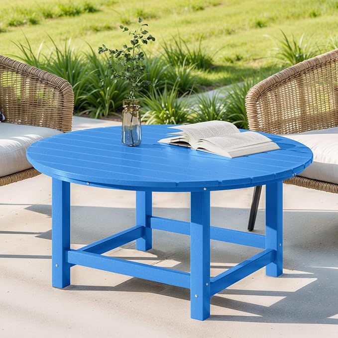 Costaelm Patio Conversation Table, Tatio Accent Tables, HDPE Outdoor Weather Resistant, Round Outdoor Porch Balcony Patio Drink Table for Outside, Pool, Backyard, Pacific Blue
