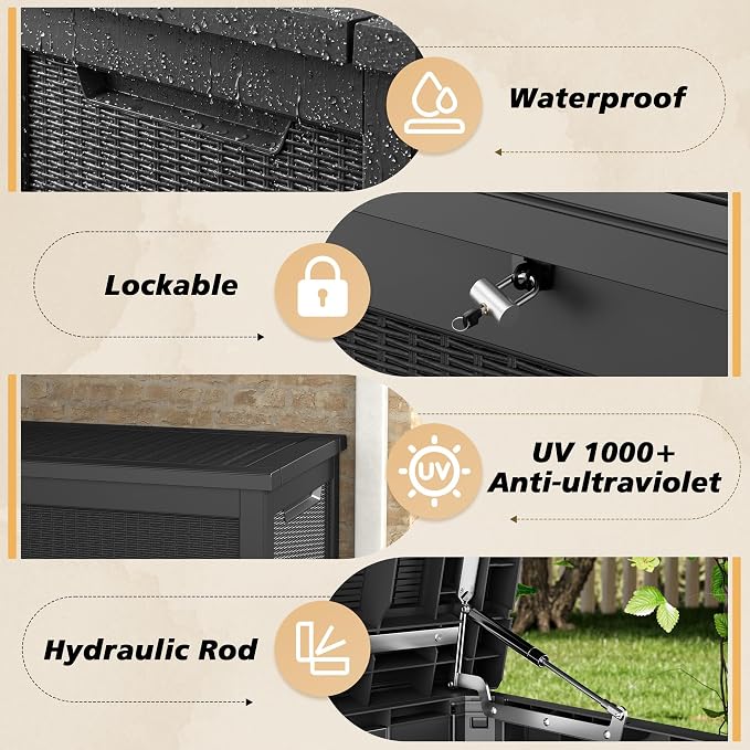 Fancyango 280 Gallon Outdoor Deck Box Waterproof, Large Storage Box for Patio, Resin Storage Bench Lockable for Garden Tools, Package Delivery,Black