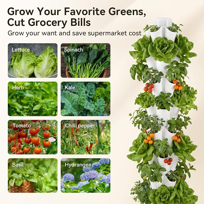 BAOSHISHAN 8 Tiers 40 Pods Outdoor Hydroponics Tower for Herbs & Greens | Durable ABS Space-Saving Vertical Tower, Smart Water Circulation, 360° Wheels for Easy Mobility, Beginner-Friendly Setup