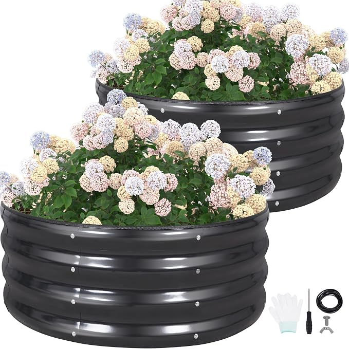 G GOOD GAIN Round Raised Garden Bed - 2Pcs 3x3x1ft Galvanized Steel Planter Boxes Outdoor with Rubber Edge Trim | Metal Raised Beds for Gardening Vegetables Flowers Fruits Herbs (Dark Grey)