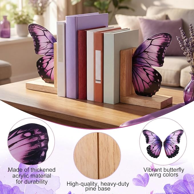 Decorative Butterfly Bookends Wooden Acrylic Butterflys Bookend Modern Bookshelf Decor Accent Book Stopper Decor for Home Farmhouse Shelves Office Lover Gift(Purple Butterfly)