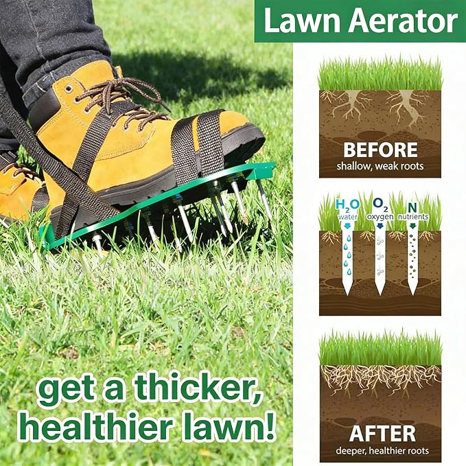 Lawn Aerator Shoes with Shovel & Gloves - 2.2" Heavy Duty Spikes, Adjustable Hook Loop Straps, One Size Fits All, Easy to Use Yard Garden Soil Aeration Tool for Men Women