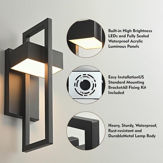 Modern Large Outdoor Wall Lights 3000K Integrated LED Outdoor Wall Sconces Lighting, Exterior Lighting Fixtures Outside Wall Mount Lights for House Porch Front Door Garage, Matte Black 1Pack