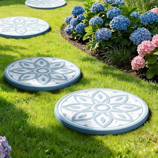 2 Pack Geometric Stepping Stones, 10” Round Cement Garden Path Stones, Mandala Mosaic Tile Design for Outdoor Patio Decor, Non-Slip & Weather-Resistant (Blue)