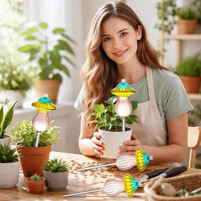 11 oz Large Plant Watering Globes, Glass Self Watering Globes, Gradient Color Mushroom Self Watering Planter Insert, Vacation Plant Watering Devices, Automatic Watering Bulbs (Large-4 Pack)