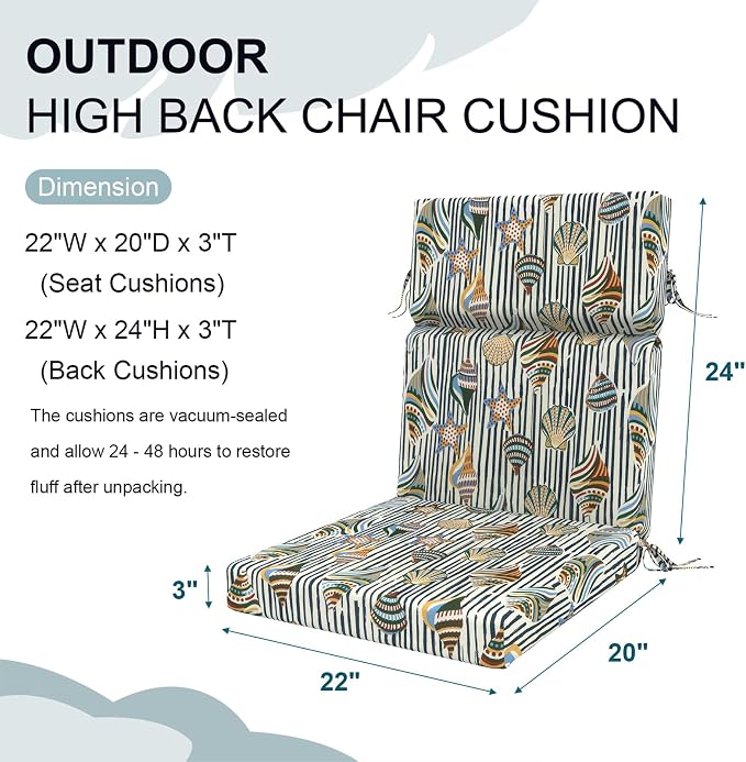 DYTXIII Outdoor High Back Chair Cushions Set of 2, 44"x22" Water Repellent Patio Seat Cushions with Elastic Sponge, All Weather Chair Pads for Rocking, Dining Chairs, Patio Furniture - Crayon Shells