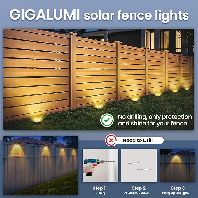 GIGALUMI Solar Fence Lights - No-Drill Fence Lighting Solution, Waterproof Perimeter Lights Compatible with Wood, Metal & Concrete Fences (20 Pack Warm White)