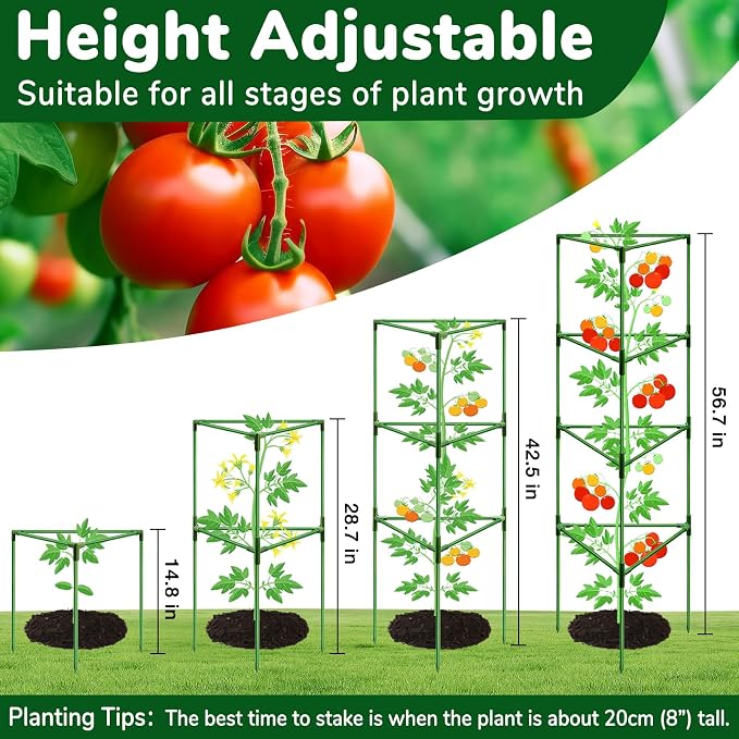 ZeeDix 4 Pack Heavy Duty Tomato Cages for Garden, 57 Inch Foldable Plant Support Stakes for Heavy Climbing Plants, Adjustable Tomato Trellis for Indoor Pots & Raised Garden Bed Outdoor
