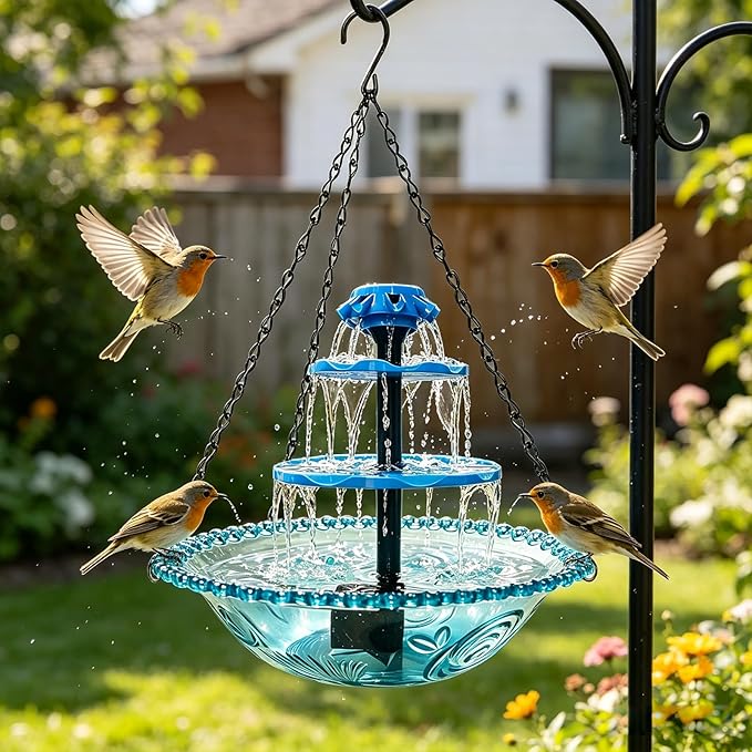 Solar Powered Hanging Bird Bath Fountain, 3-Tier Cascading Water Feeder for Hummingbirds Wild Birds[16.4FT/Extra Long Cord] for Outdoor,Garden, Patio, Backyard Decor