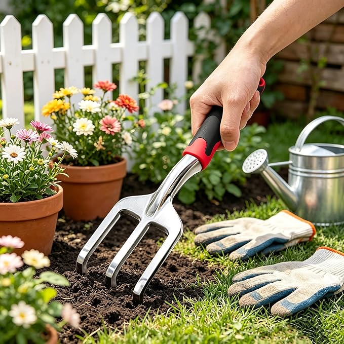 Stainless Steel Garden Tool Set，3 Pieces, Including Hand Shovel & Transplant Shovel & Hand Rake with Non-Slip Soft Ergonomic Handle (red)
