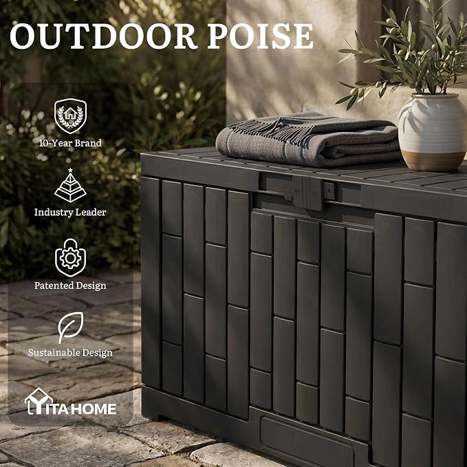YITAHOME 60 Gallon Outdoor Storage Box, Large Water Resistant Resin Deck Box with Slide-Locking, Indoor Outdoor Bamboo-Textured Storage Container for Patio, Garden, Cushions, Tools, Equipment (Black)